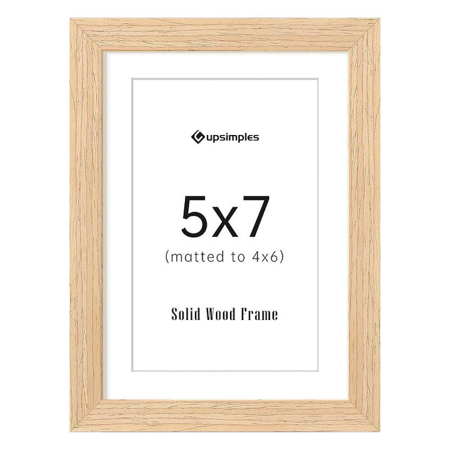 upsimples 5x7 Picture Frame, Natural Solid Wooden Picture Frames, Display 4x6 with Mat or 5 x 7 Without Mat, Wall or Tabletop, 1 Pack, Natural