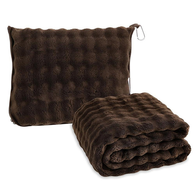 SOCHOW Travel Blanket for Airplane Train and Car, Soft Travel Blanket or Pillow 2 in 1 Compact with Portable Bag Pillowcase, Flight Blanket with Luggage Sleeve and Backpack Clip, Brown