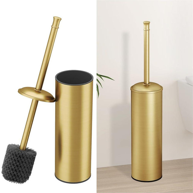 BESy Toilet Brush and Holder, Toilet Cleaner Bowl Set with Two Brush with Extra Long Handle, Durable Bristles Toilet Scrubber and Covered Holder, Drip-Proof Stainless Steel Brushed Gold