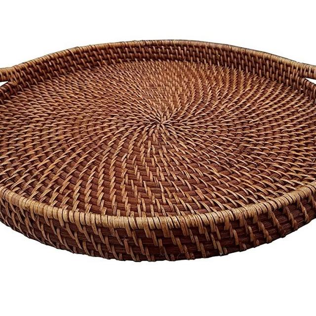 Large 18" Round Wicker Serving Trays and Platters with Handles | Handcrafted Breakfast, Food, Dish, Coffee, Bread Serving Baskets for Home and Restaurants (Brown)