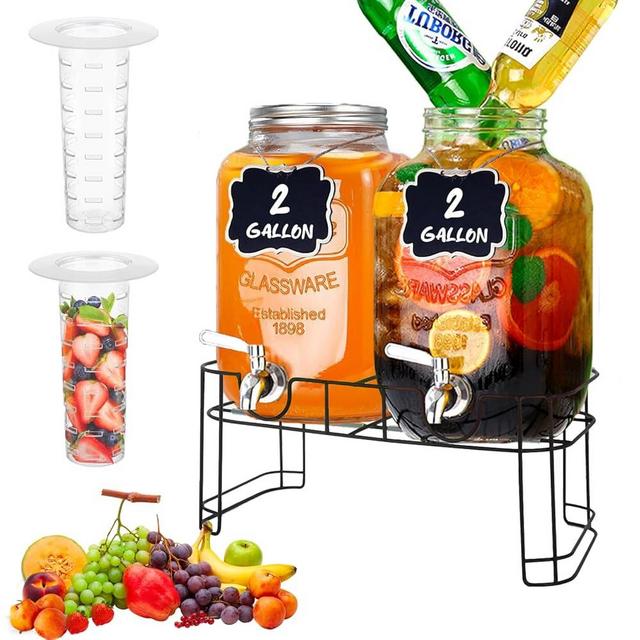 2 Gallon Glass Drink Dispensers for Parties, Leakproof Stainless Steel Spigot Large, Lemonade Dispenser with Stand Glass, 2 Gallon Lemonade Dispenser, Drink Dispensers for Parties 2 Gallon(2 Pack)