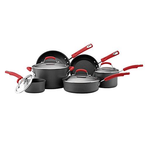 Rachael Ray 82710 Brights Hard Anodized Nonstick Cookware Pots and Pans Set, 10 Piece, Gray with Red Handles