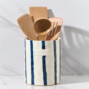 JIEMEI HOME Kitchen Utensil Holder, 7.2" Ceramic Stable Utensil Crock for Countertop, Modern Minimalism Style Cooking Tool Organizer with Cork Mat, Spatula Holder For Kitchen Decor, Blue stripes