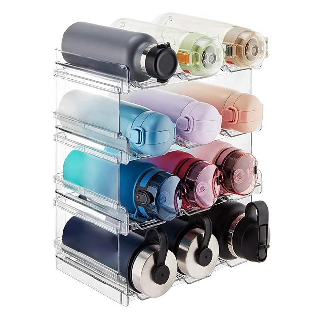 Lifewit Stackable Water Bottle Orgainzer for Cabinet, Freezer, Pantry - Plastic Cup Holder for Kitchen Countertop Storage, Cupboard, Office - Pack of 4, Each Rack Holds 3 Containers