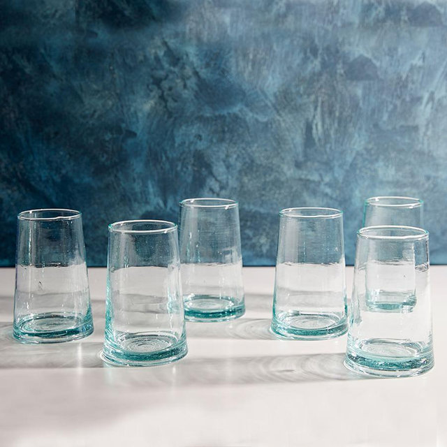 Moroccan Handcrafted Recycled Drinking Glasses, 12 Oz, Set of 6, Clear