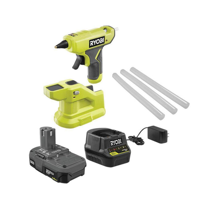 Ryobi ONE+ 18V Cordless Compact Glue Gun Kit with 1.5 Ah Compact Lithium-Ion Battery and 18V Charger