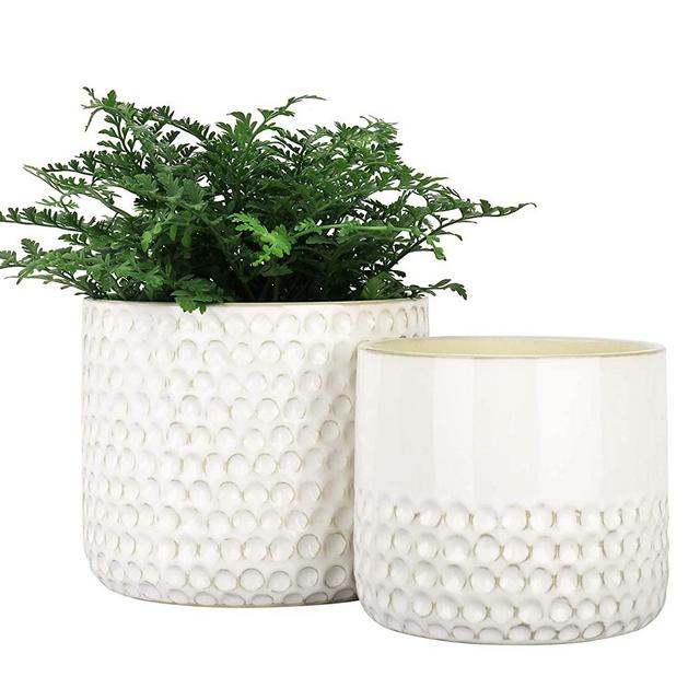 LA JOLIE MUSE Ceramic Planter Flower Plant Pots- 6.7+5.5 Inch Concave Dot Patterned Cylinder Flower Pot with Drain Hole for Indoor, Set of 2, Ivory
