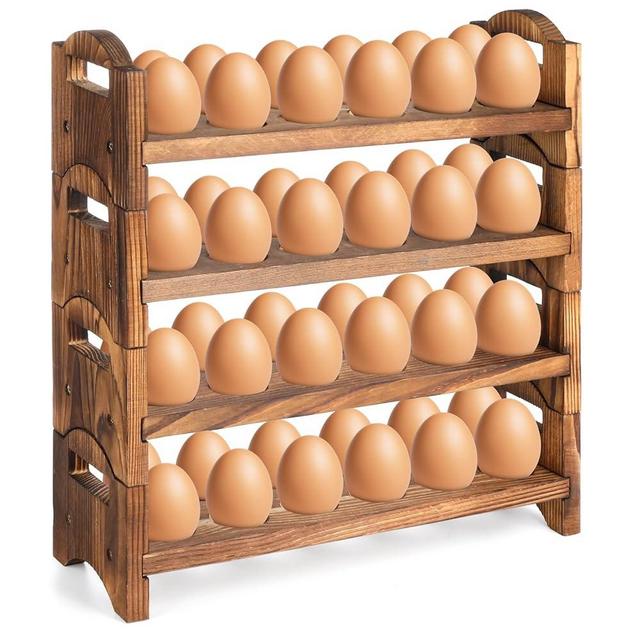 4-Tier Wooden Egg Holder Countertop, Egg Holder for Fresh Eggs, Farmhouse Kitchen Egg Tray Rack Holds 48, Firewood Stackable Egg Storage Basket with Carry Handle for Kitchen Refrigerator Counter
