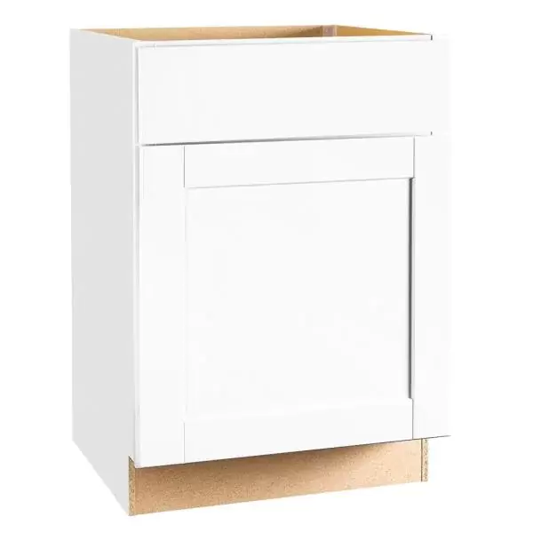 Shaker Satin White Stock Assembled Base Kitchen Cabinet with Ball-Bearing Drawer Glides (24 in. x 34.5 in. x 24 in.)