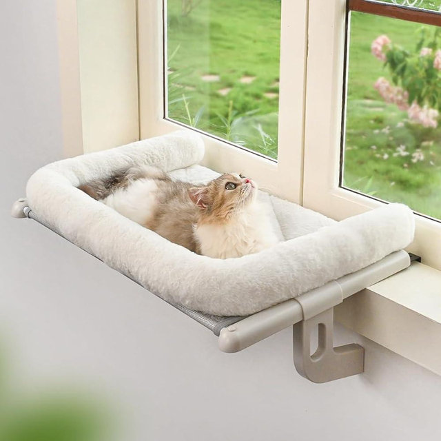 Zoratoo Cat Window Sill Perch with Large Bolster, Easy to Adjust & Assemble Cat Window Seat for Windowsill & Bedside, Pet Hammock Bed for Large Cats and Kittens (White, M)