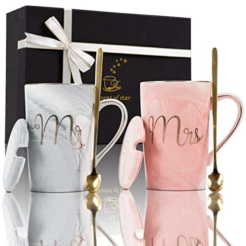 Fantasy Functions Mr. and Mrs. Coffee Mugs. Perfect for Engagement, Bridal Shower, Wedding, Anniversary. Unique Elegant for Bride To Be. Marble Ceramic Mugs. 14 oz
