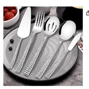 Hammered Serving Utensils, 5-Piece Stainless Steel Square Hostess Serving Set for Buffet Party Kitchen Restaurant, Mirror Finished & Dishwasher Safe