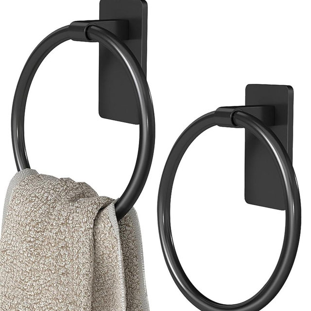 STWWO Adhesive Towel Holder, Hand Towel Holder for Bathroom, Self Adhesive Hand Towel Rings, Black, 2 Pack