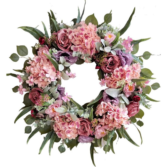 WANNA-CUL 24 Inch Spring Hydrangea Wreaths for Front Door,Spring Front Door Wreath with Rustic Pink Rose and Peony Flower for Wedding or Indoor&Outdoor Decoration