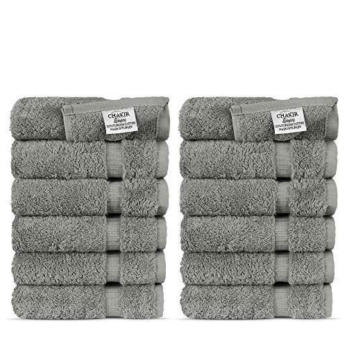 Chakir Turkish Linens Hotel & Spa Quality, Highly Absorbent 100% Turkish Cotton Washcloths (12 Pack, Gray)