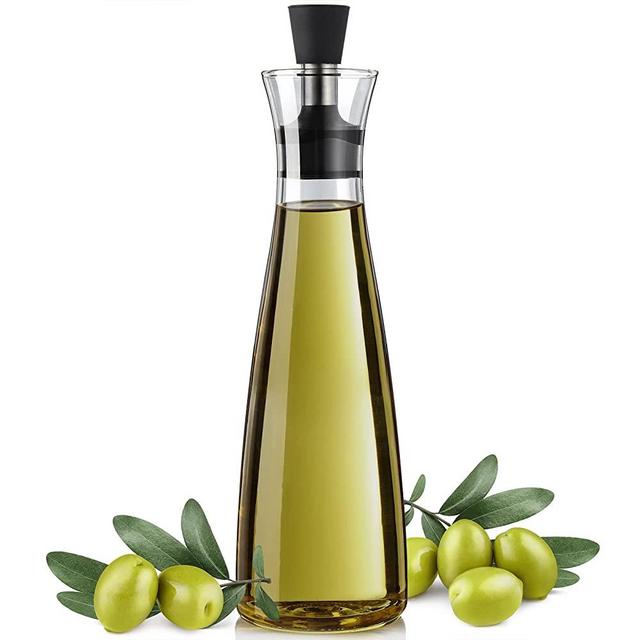 Glass Olive Oil Dispenser, Bivvclaz 18 Ounce Oil and Vinegar Dispenser with Drip-free Spout, Elegant Olive Oil Cruet Bottle with Airtight Silicone Cap for Home Kitchen Decor, Easy to Clean, Black Transparent