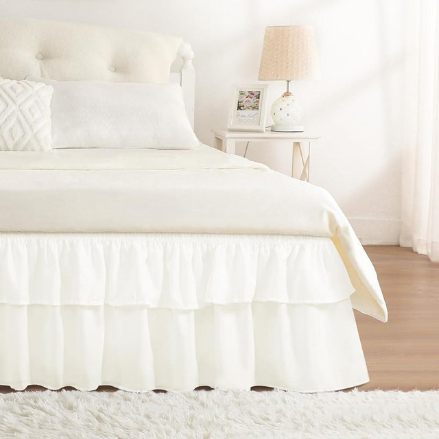 RIMELA Ruffle Bed Skirt Warm White King 18 Inch Drop, Elastic Wrap Around Bed Skirts King Size, Easy to Install Dust Ruffle, Machine Washable Soft Fabric, Multi Ruffle Bedskirt