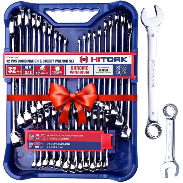 HITORK 32 Piece Wrench Set SAE & Metric 20 Standard & 12 Stubby Combination Wrenches Cr-V Steel 12-Point Mirror Finish 15° Offset with Organizer Tray Ideal for Auto & Home Repair