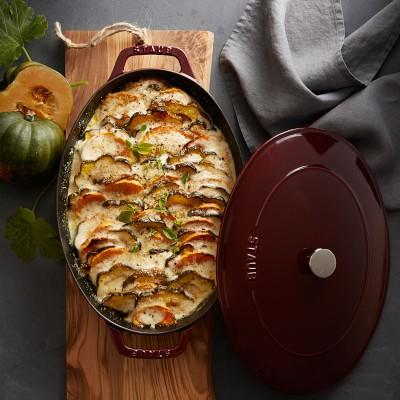 Staub Enameled Cast Iron Oval Gratin with Lid in Grenadine 12 1/2" Size