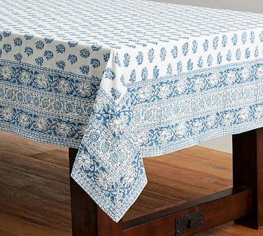 Block Print Floral Cotton Tablecloth - Blue