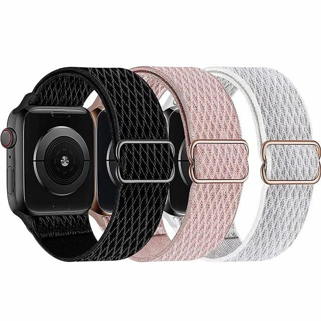 Swhatty Stretchy Nylon Solo Loop Bands Compatible with Apple Watch 44mm 40mm 42mm 38mm, Adjustable Stretch Braided Sport Elastics Women Men Strap for iWatch Series 6/5/4/3/2/1 SE, Pack of 3