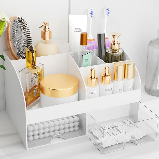 Makeup Organizer with Drawers, Cosmetic Storage for Dresser Vanity and Bathroom Countertop, Beauty Holder for Lipstick Brush, Skincare Organizer for Vanity, Cosmetic Display Case (White)