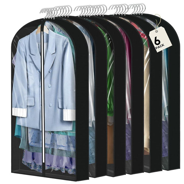 6 Pcs 40" Garment Bags for Hanging Clothes, Clear Suit Bags for Closet Storage Clothing Storage, Garment Bags Shoulder Covers with 4" Gussets for Coats, Jackets, Shirts and Sweater, Black