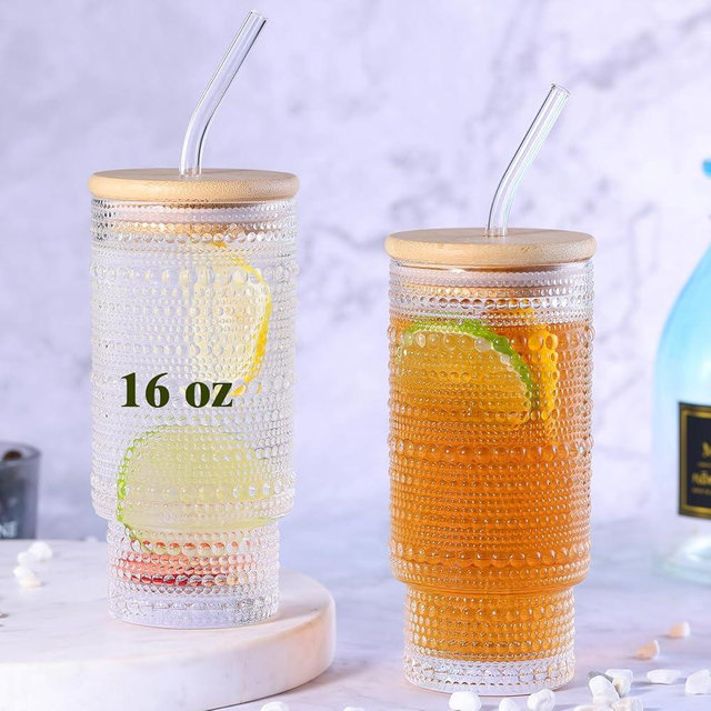 Cowjut 4pcs Glass Coffee Cups with Lids and Straws, 16 oz Hobnail Drinking Glasses Set, Vintage Glassware Cups for Iced Coffee Matcha Smoothie Bar Accessories, Clear