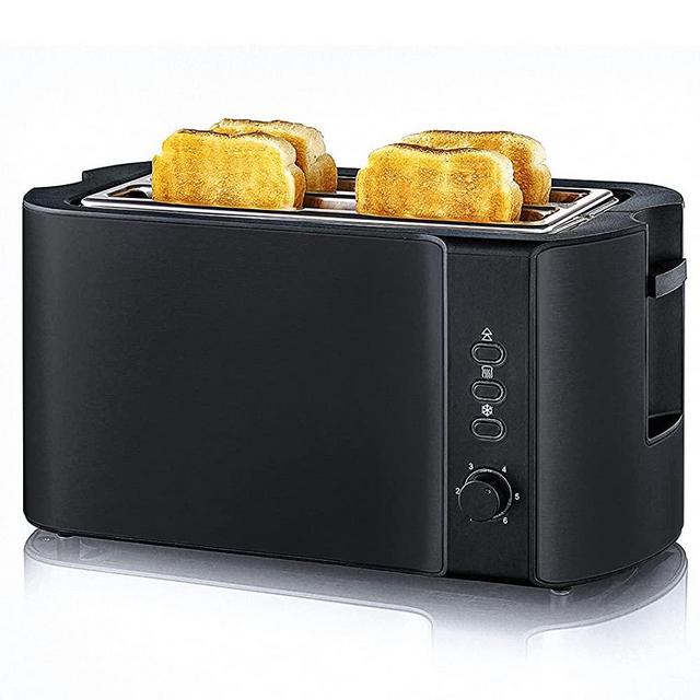 Toaster 4 Slice, Long Slot Toaster Stainless Steel Toaster, 2 Slice Toaster for Bagel Bread, Built-in Warming Rack Bread Toaster, Defrost/Reheat/Cancel Stylish Design, Compact Toaster 1300W, Black