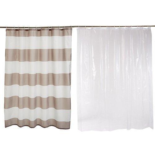 AmazonBasics Shower Curtain with Hooks (Grey Stripe) and Shower Curtain Liner (Clear) Set
