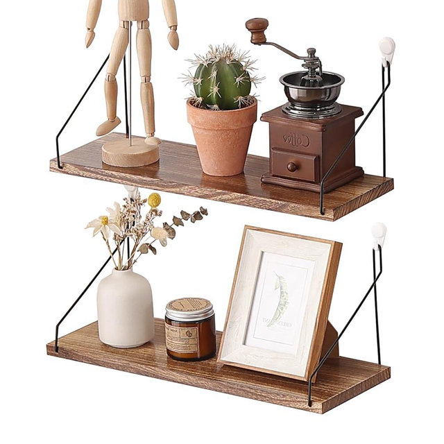 Floating Shelves for Wall No Drilling 16.53 Inch 2 Sets Rustic Natural Wooden Shelf Wall Mounted Storage 3 Mounting Option Renter Friendly Shelf for Bathroom Living Room Bookshelf Kitchen (Dark Brown)