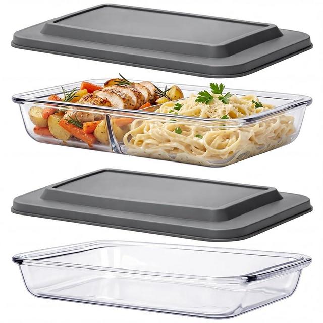 LemonRoad 2pcs 9x13 Inch Baking Dish with Lid 2 Quart Rectangular Glass Bakeware Set with Lids, Baking Pans for Lasagna Leftovers, Cooking Kitchen Freezer-to-oven and Dishwasher