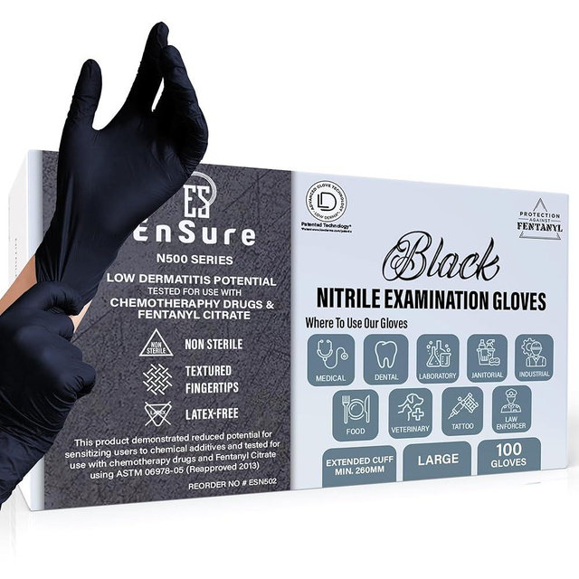 Ensure Black Nitrile Gloves – 5 Mil Heavy-Duty Disposable Gloves, Low Dermatitis, Powder & Latex Free, Chemo-Rated