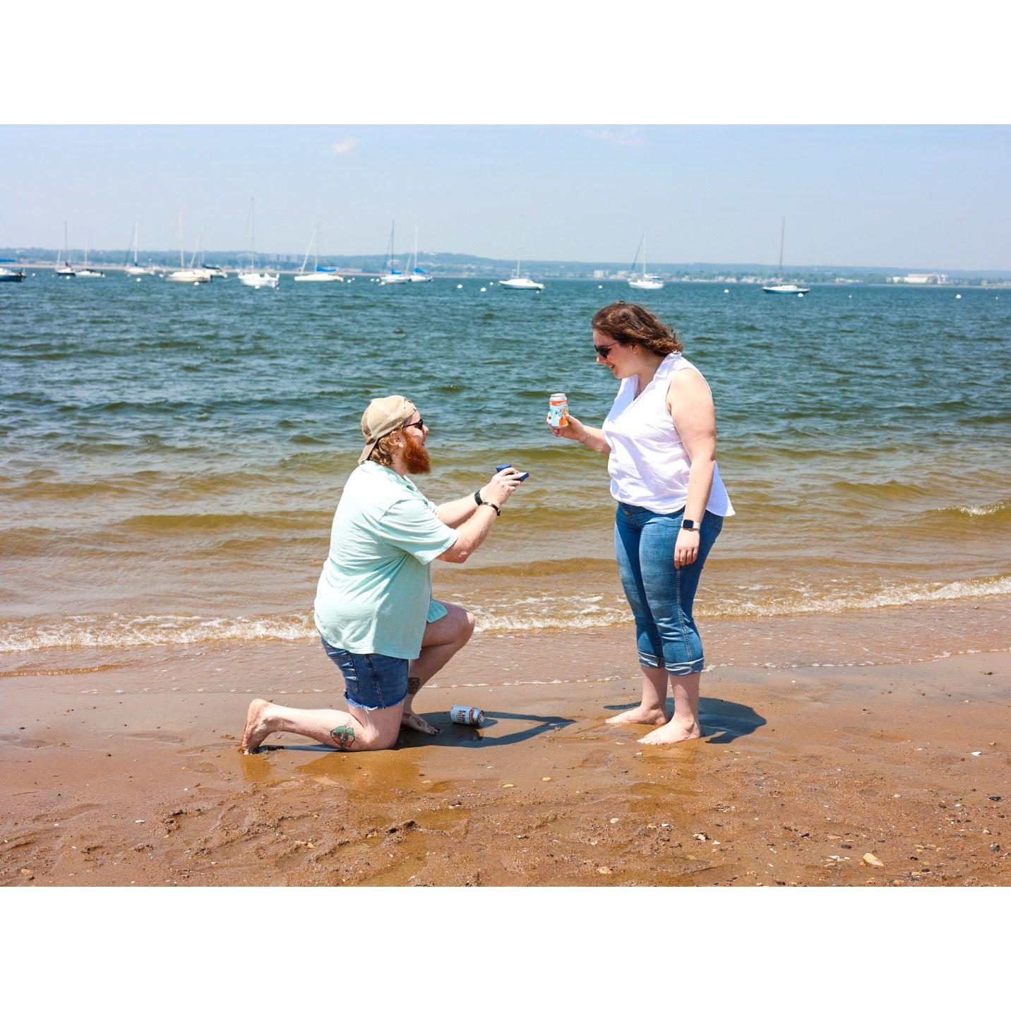 Tim's surprise proposal on the beach in New Haven!