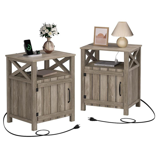 Ortello Home Farmhouse Nightstand Set of 2 with Charging Station, Gray, Side Table, End Table with Barn Door & Shelf, Rustic, for Bedroom, Living Room