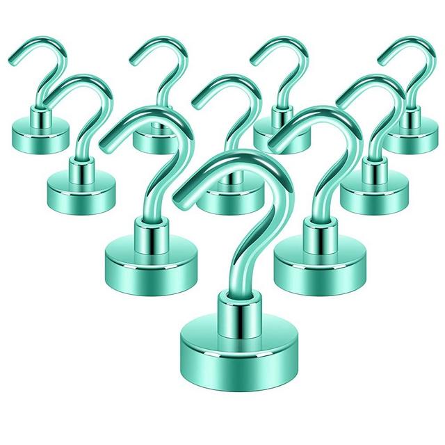 Neosmuk Magnetic Hooks, 28 lb+ Heavy Duty Earth Magnets with Hook for Refrigerator, Extra Strong Cruise Hook for Hanging, Magnetic Hanger for Cabins, Grill (Green, Pack of 10)