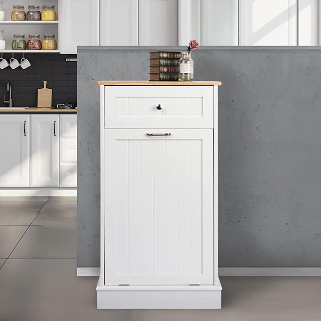 Tilt Out Trash Cabinet 10 Gallon Wooden Free Standing Laundry Sorter Cabinet,Recycling Cabinet with Hideaway Drawer,Tilt Out Trash Cabinet Can Bin Kitchen (White)