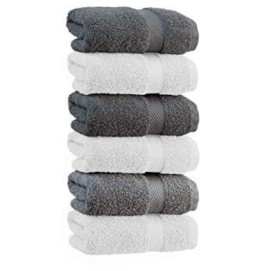 White Classic Luxury Hand Towels | Cotton Hotel spa Bathroom Towel | 16x30 | 6 Pack | Grey/White