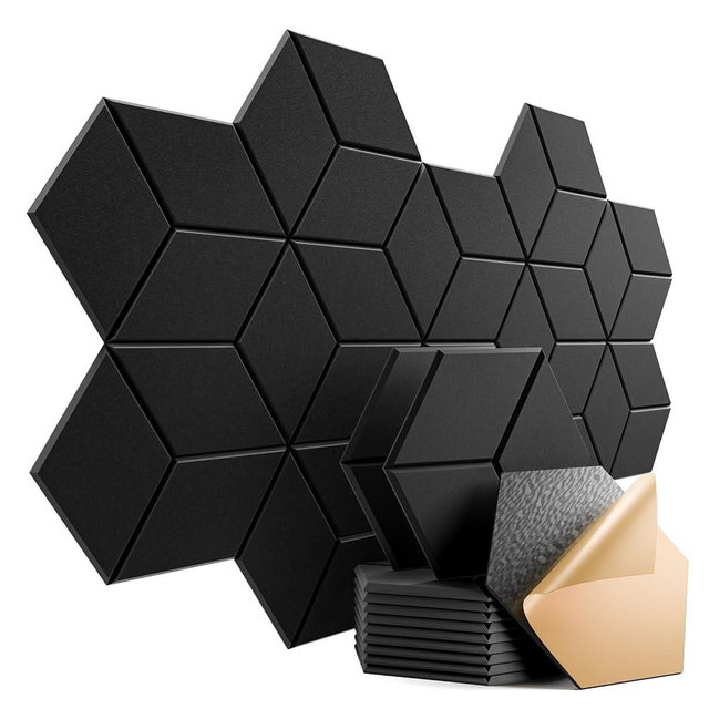 Dailycooper 12 Pack Self-Adhesive Acoustic Panels 12" X 10" X 0.4" - Sound Proof Foam Panels for Walls with High Density, Y-Lined Design, Flame Resistant, Absorb Noise and Eliminate Echoes(Black)