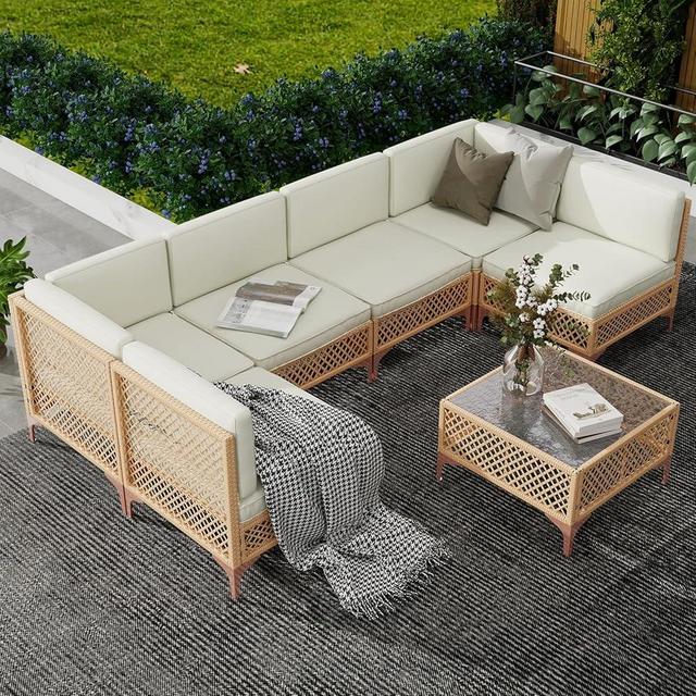 LYNSLIM 7 Piece Outdoor Patio Furniture Set, Boho Outdoor Patio Sectional Furniture Set, Wicker Outdoor Couch Set with Coffee Glass Table and Water Resistant Thick Cushions of Garden, Backyard