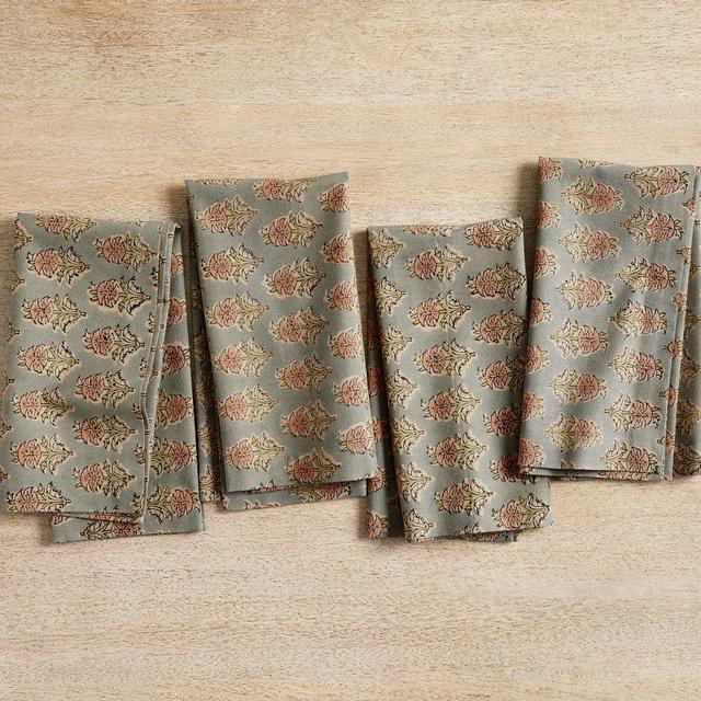 Jade Floral Block Print Napkins, Set of 4 - Blue