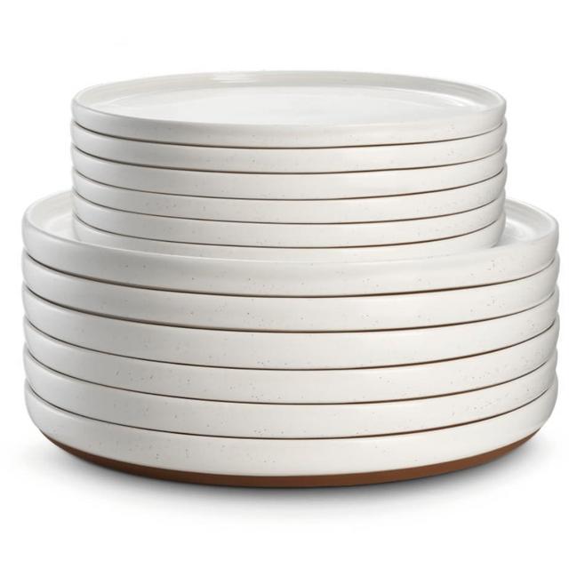 DOWAN 8.5"/10.5" Ceramic Dinner Plates Set of 12, White Plates with speckle, Christmas Serving Dish for Steak, Salad, Pasta, Microwave Dishwasher Safe