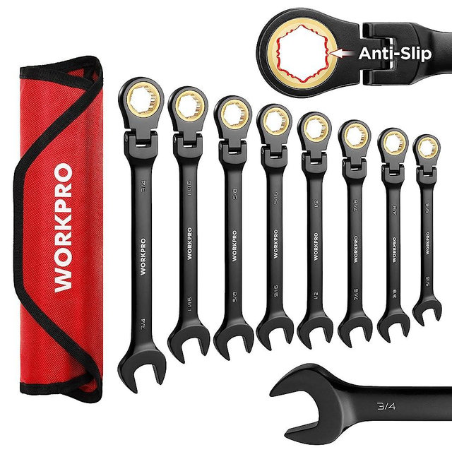 WORKPRO Ratcheting Combination Wrench Set, 8-piece Flex-Head Anti-Slip Wrench Set SAE 5/16-3/4 inch, 72-Teeth, Cr-V Constructed, Black Electrophoretic Coating with Rolling Pouch