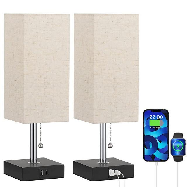 Bedside Lamps for Bedrooms Set of 2 - Table Lamps for Nightstand with USB Ports, Small Night Stand Light Lamp with Beige Fabric Shade for End Table Living Room Home Office Study Room -2 Pack