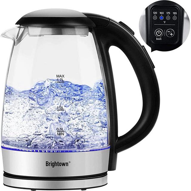 Brightown Electric Tea Kettle, Glass Hot Water Pot with LED Lights, Variable Temperature Control, Fast Heating, Auto Shut-off & Boil-dry Protectionn(1.7L 1500W)