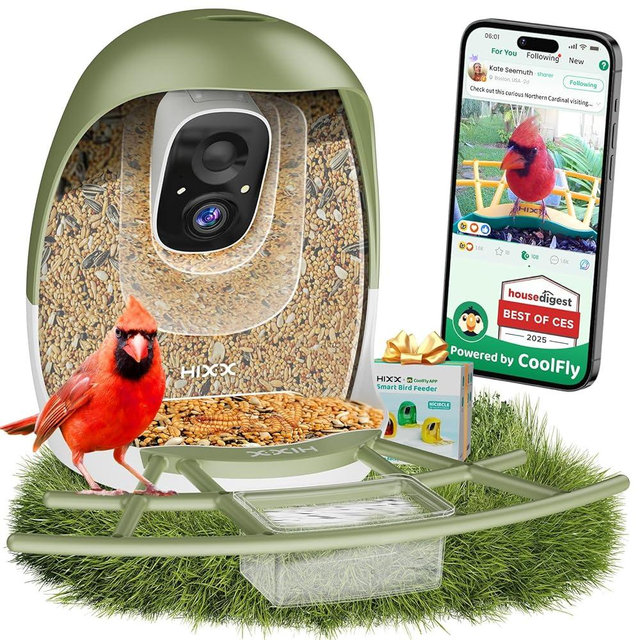 HIXX Smart Bird Feeder with Camera, Lifetime Free AI Identify Birds, Solar-Powered 2K HD Live Camera Video Birds Feeder for Outdoors with Color Night Vision for Bird Lovers Gifts (Forest Green)
