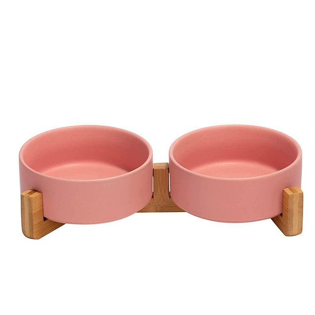 Ceramic Dog and Cat Bowl Set with Wooden Stand, Modern Cute Weighted Food Water Set for Small Size Dogs (13.5OZ ) & Medium Sized Dogs (28.7OZ) & Cats