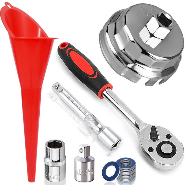RUNEWAX Oil Filter Wrench Tool Set for Toyota Camry Tacoma Tundra Highlander 4Runner Sienna Cruiser 2.5-7.5L Engine, 64mm Oil Filter Wrench + Ratchet Wrench + Extension Rod + 14mm Socket + Gasket