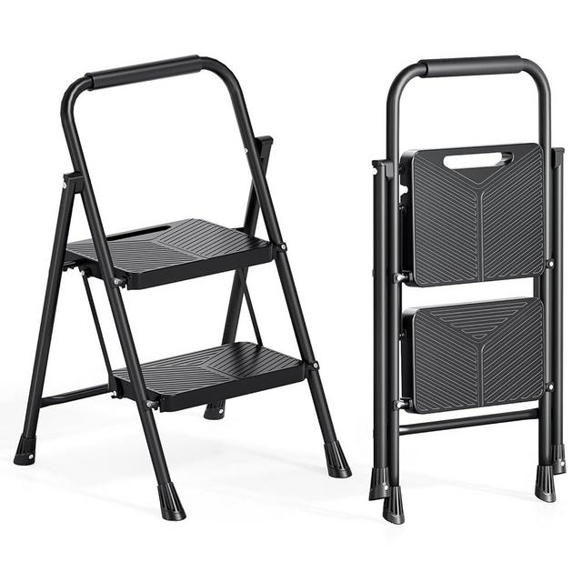 Urackify 2 Step Ladder, Portable Folding Ladder for Multi-Purpose, Home, Kitchen, Heavy Sturdy Steel Step Stool with Handrail, Anti-Slip Wide Pedals, Safe-Lock Design, Pass 500lbs Load Testing, Black