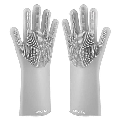NIROLLE Reusable Silicone Dishwashing Gloves, Pair of Rubber Scrubbing Gloves for Dishes, Wash Cleaning Gloves with Sponge Scrubbers for Washing Kitchen, Bathroom, Car & More (Gray)